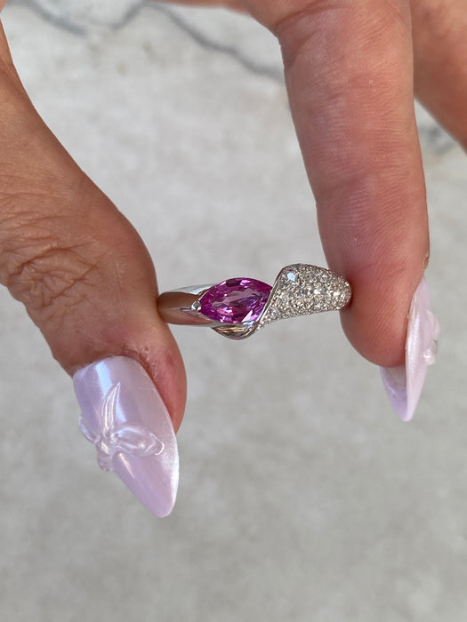 Vintage Platinum 900 Pink Sapphire Pear Ring with Diamonds – Size 10.25
