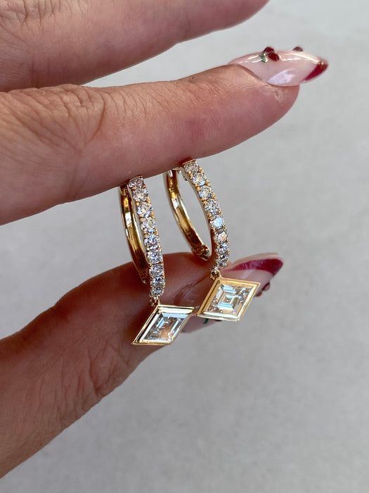 14K Gold Lab Diamond Lozenge Charm Hoop Earrings