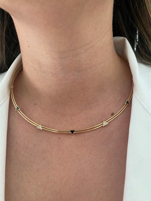 14K Gold Diamond & Black Onyx Torque Collar Necklace – 0.15 TCW Diamonds – Adjustable 15–17”