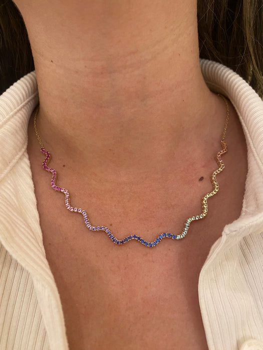 14K Gold Wavy Rainbow Sapphire Necklace