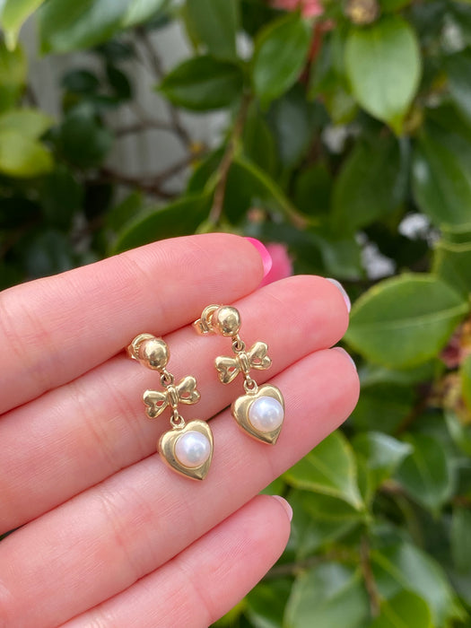 14k dangly bow pearl earrings