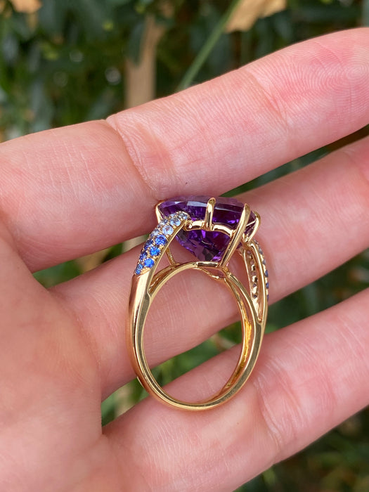 18K Gold Heart Amethyst & Ombre Sapphire Heart Ring