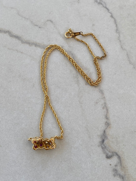 Vintage 18K Ruby & Diamond Flower Rope Chain Necklace