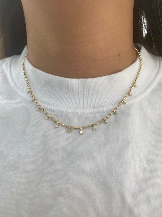 14K Gold Solid Bead Chain with Natural Diamond Drops
