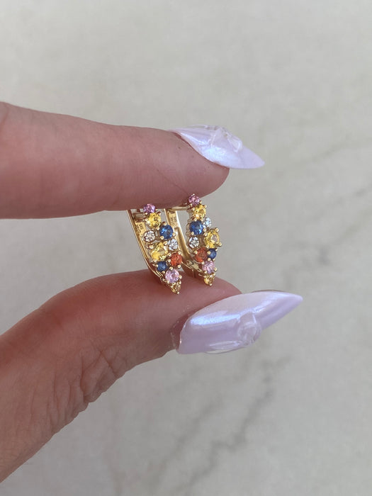 14K Gold Natural Rainbow Sapphire & Diamond Huggie Earrings