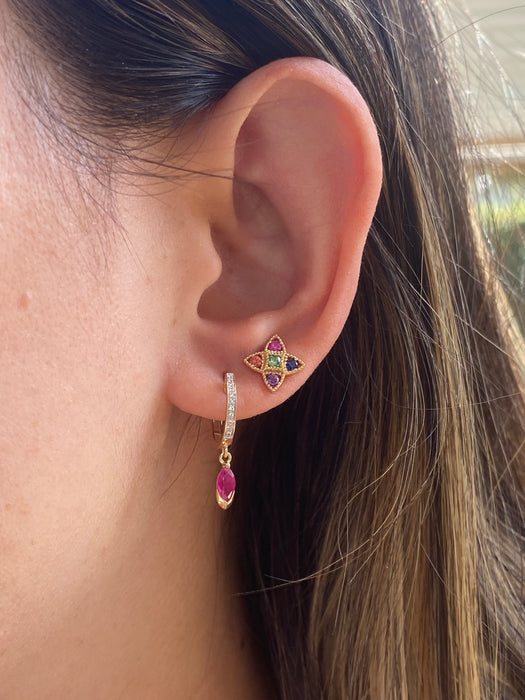 14K Gold Marquise Ruby & Diamond Huggie Earrings