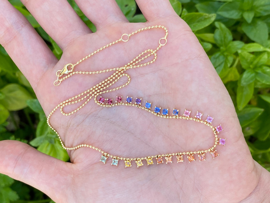 14K Gold Rainbow Sapphire Bead Necklace | 5 CTW Princess Cut Dangling Sapphires Adjustable 16-18”