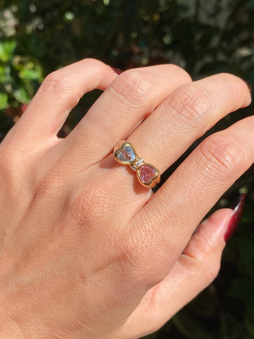 18k pink tourmaline aquamarine heart diamond bow ring size 6.5