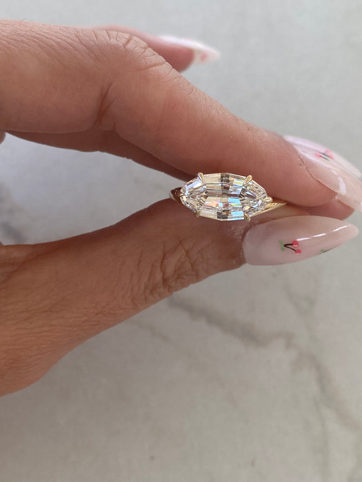14K East-West 3.10ct Step-Cut Oval Lab Diamond Wavy Band Ring