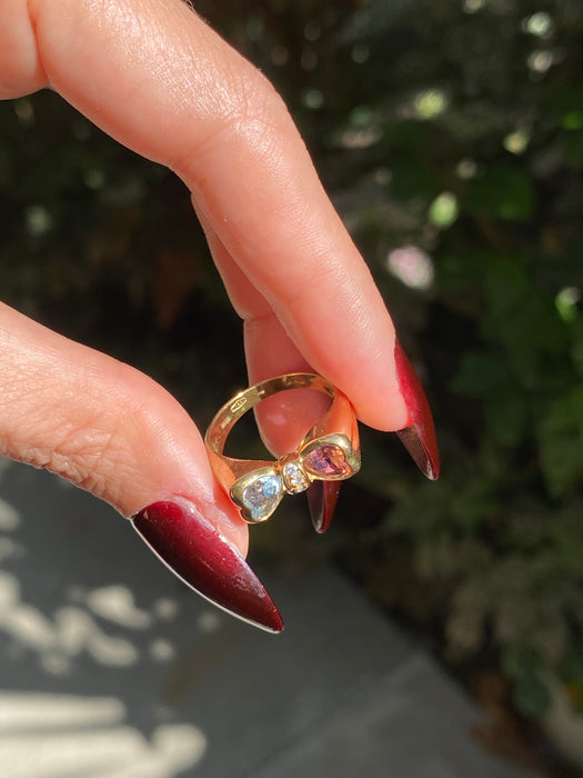 18k pink tourmaline aquamarine heart diamond bow ring size 6.5