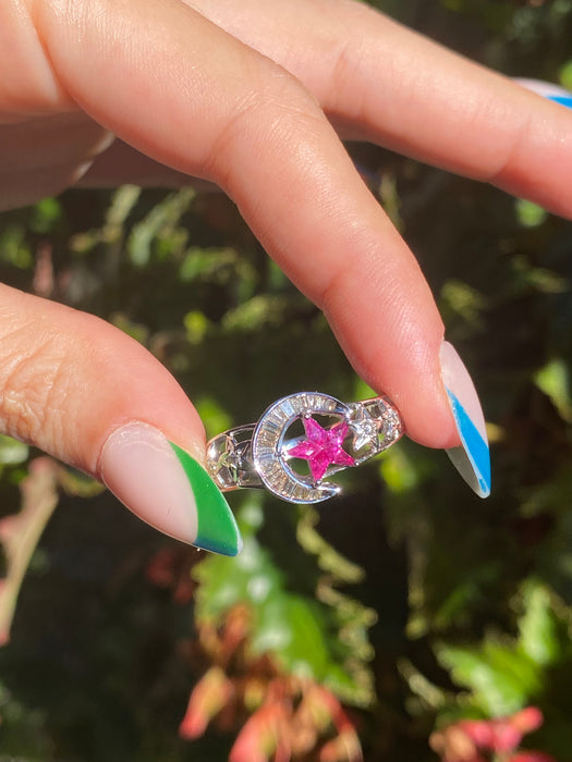 18k white gold baguette diamond kite ruby moon ring size 8.5