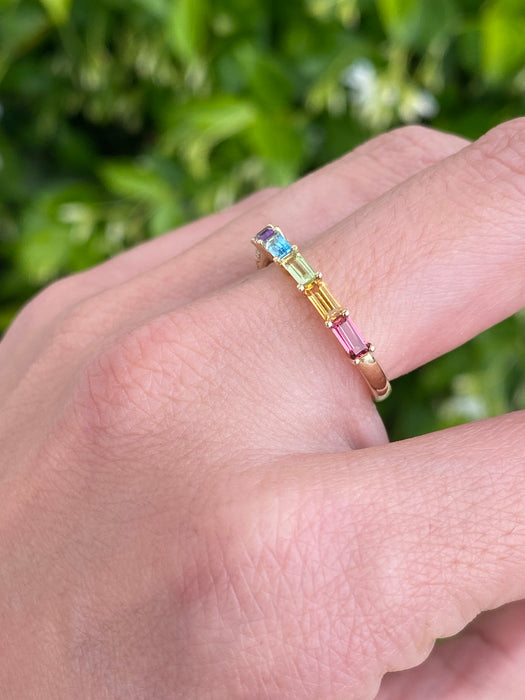14K Gold Rainbow Gemstone & Diamond Snake Ring (Size 7)