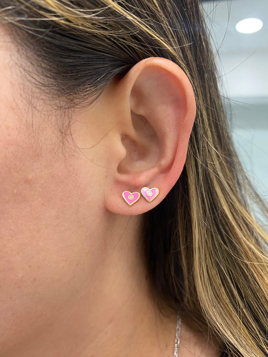 14K Gold Pink Enamel Diamond Heart Stud Earrings