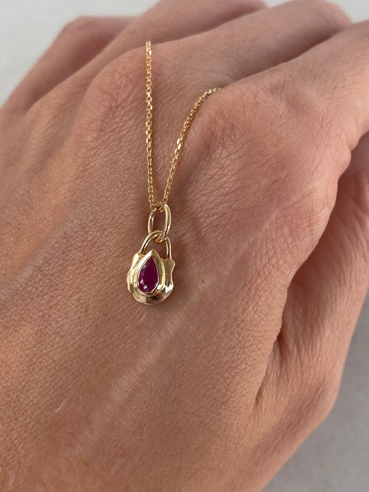14K Gold Bezel-Set Pear Ruby Shield Pendant