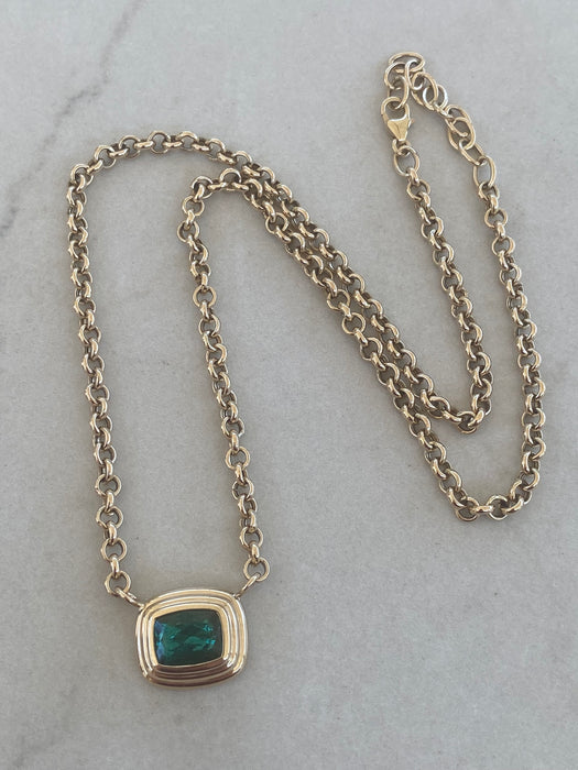 14K Gold 3.24 TCW Natural Blue-Green Tourmaline Rolo Necklace