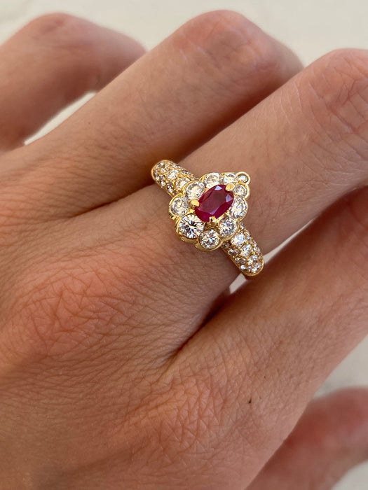 Vintage 18K Gold Ruby & Diamond Halo Ring