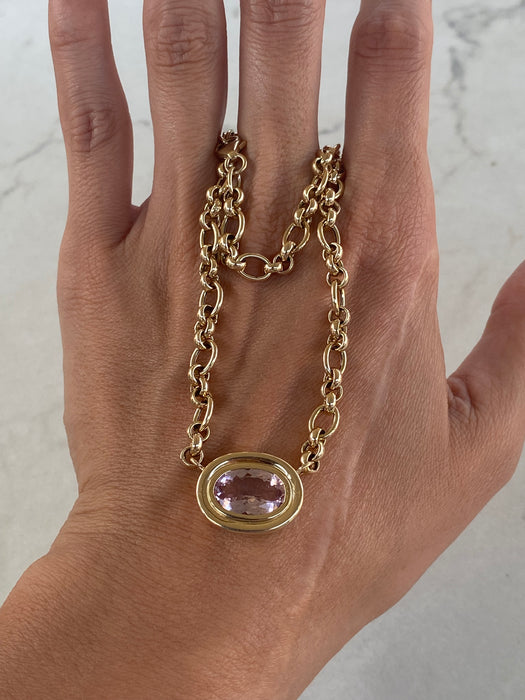 14K East-to-West 3.3 Carat Morganite Double-Bezel Trombone Necklace