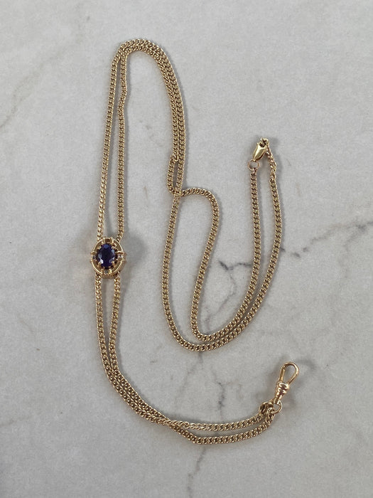Vintage 14K Gold Long Curb Chain Necklace w/ Sliding Amethyst Diamond Pendant – 33”