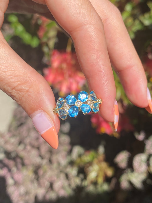 18k blue topaz diamond flower ring size 6