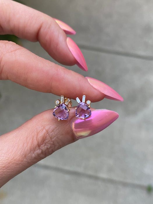 14k Gold Amethyst and Diamond Stud Earrings | Trillion Amethyst Studs