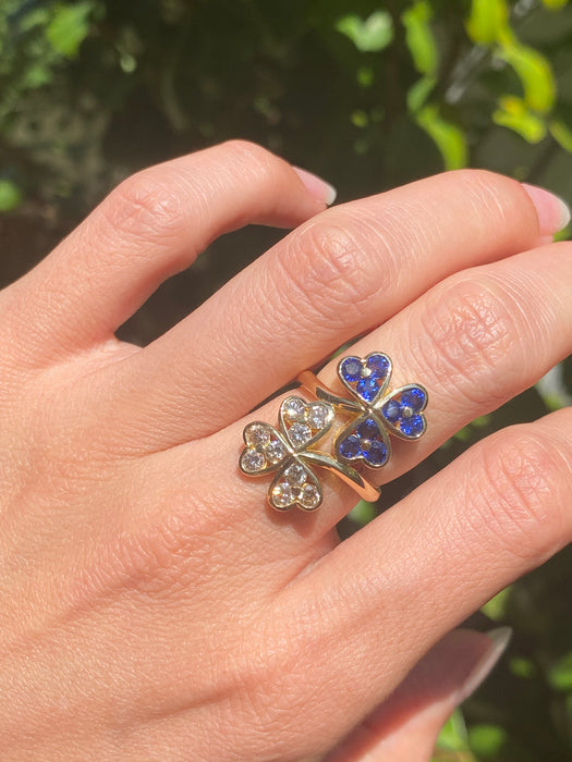 18k diamond blue sapphire clover bypass ring size 5