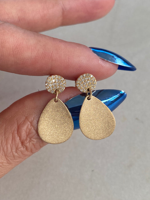 14K Glitter Gold Diamond Disc Drop Earrings