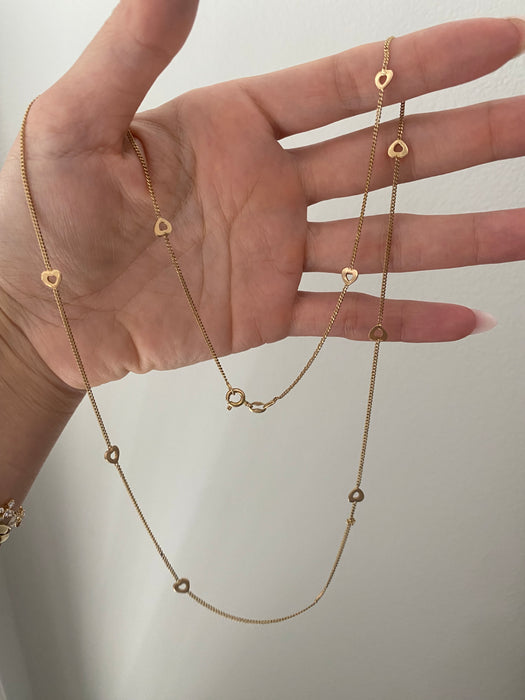 14K Vintage Curb Chain Necklace with Heart Stations – 24”