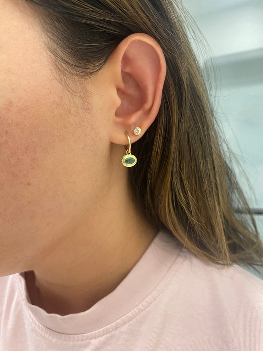 14K Gold Natural Emerald Huggie Earrings with Double Bezel Charms