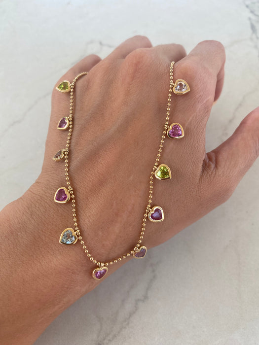 14K Multi-Gemstone Heart Station Bead Necklace