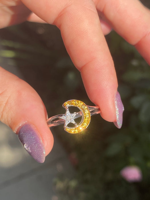 18k white gold yellow sapphire diamond moon ring size 7.25