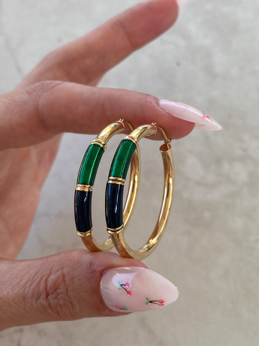 Vintage 14K Blue & Green Enamel Hoop Earrings