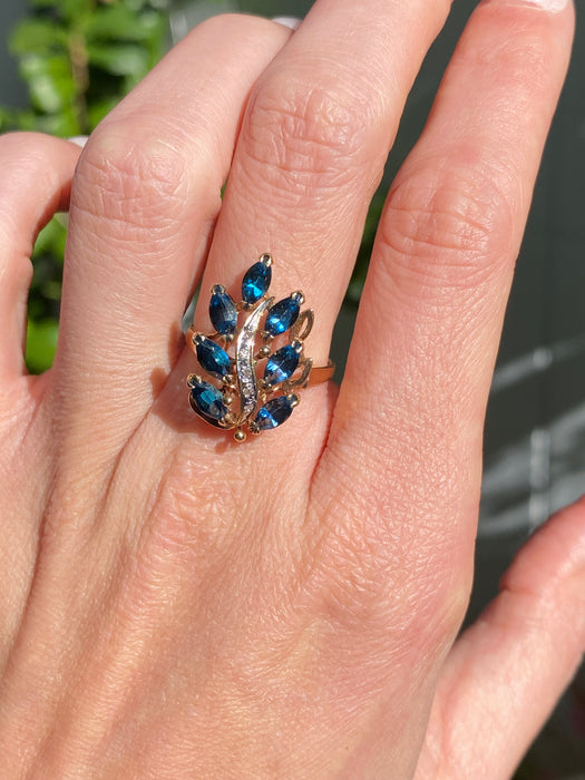 Vintage 14K Gold Blue Topaz & Diamond Leaf Ring – Size 7