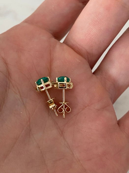 14K Gold Lab Emerald Geometric Stud Earrings