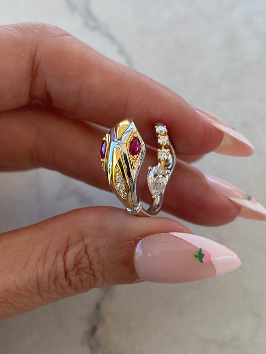 18K Two-Tone Natural Ruby & Diamond Snake Wrap Ring