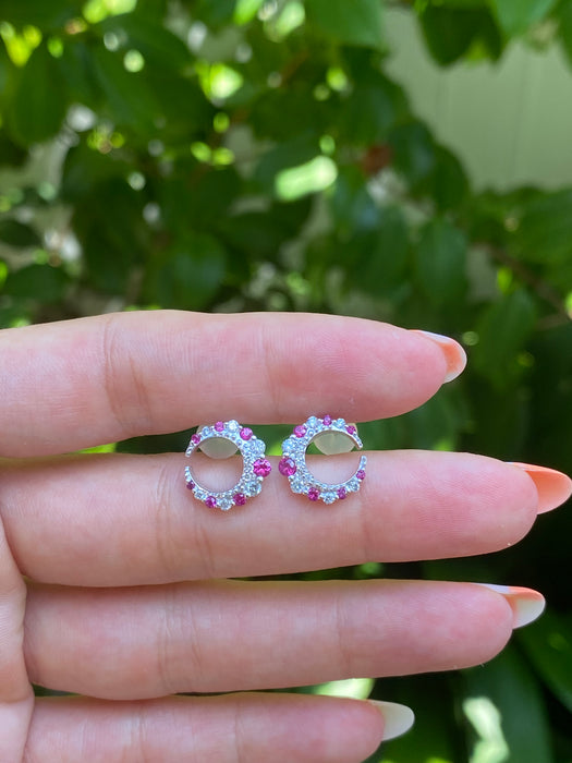 18k white gold diamond ruby crescent moon stud earrings