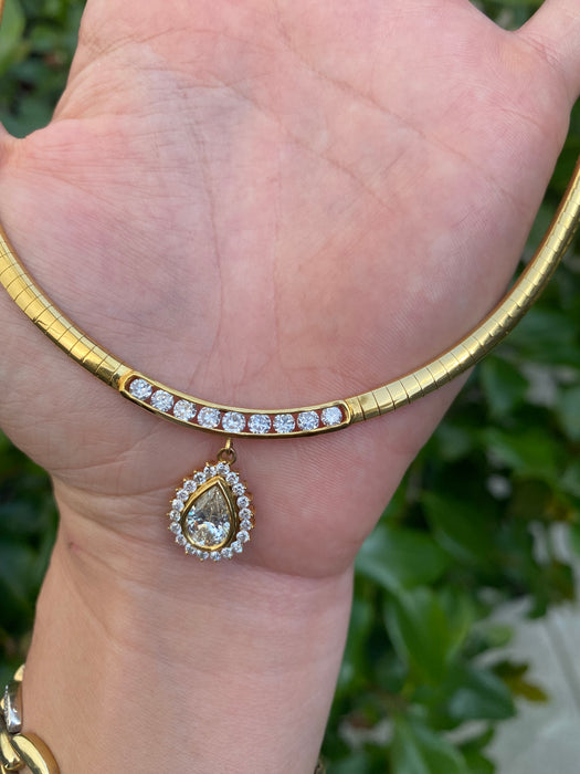 Vintage 18K Gold Diamond Herringbone Necklace 16” – 2.65 TCW Pear Halo Pendant