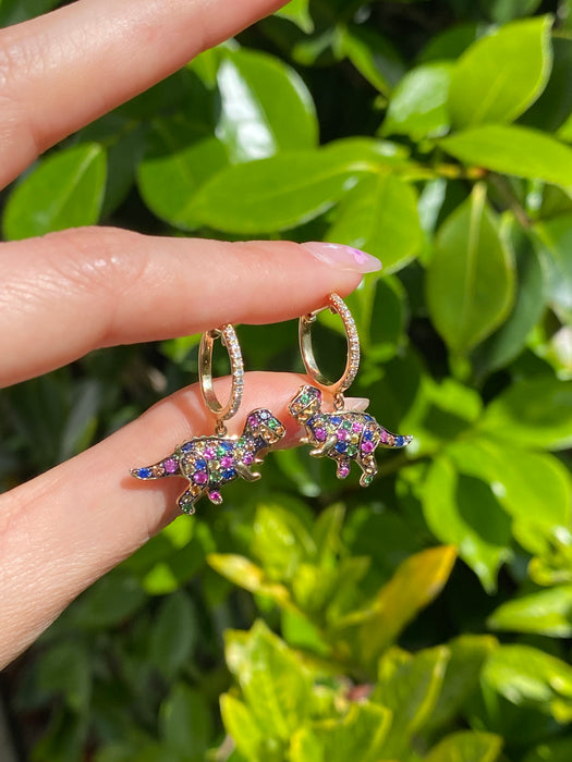 14k diamond rainbow sapphire T. rex huggie earrings