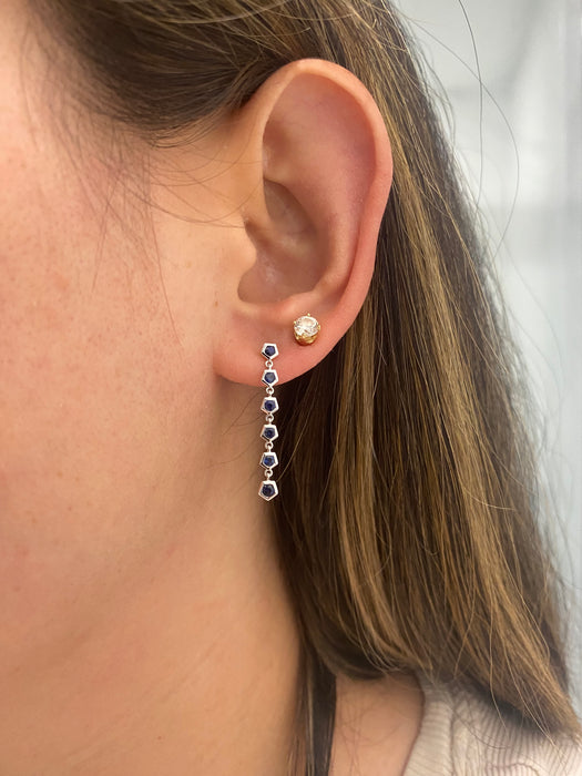 14K White Gold Blue Sapphire Hexagon Dangle Earrings