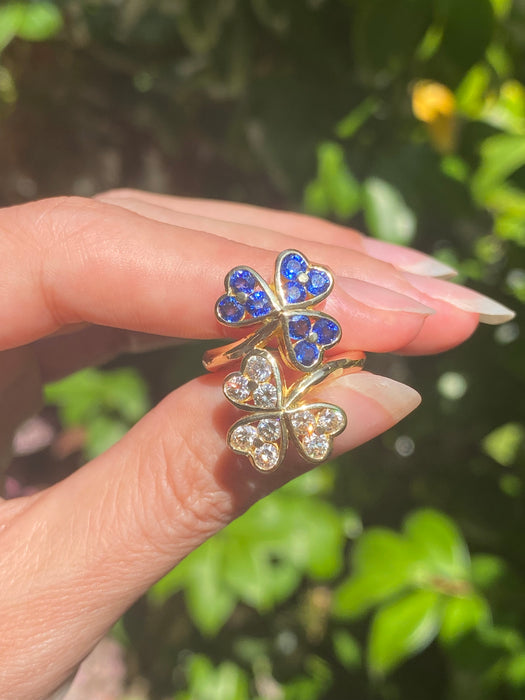 18k diamond blue sapphire clover bypass ring size 5