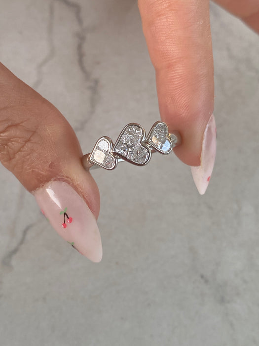 Vintage Platinum 900 Triple Heart Natural Diamond Ring