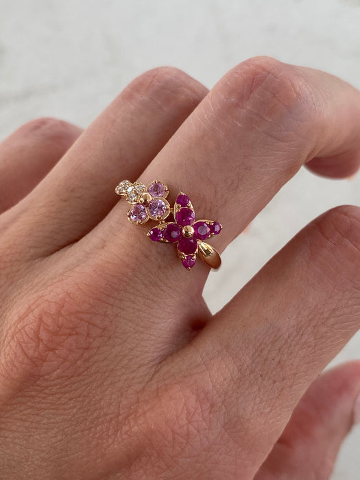14K Rose Gold Ruby, Pink Sapphire & Diamond Flower Ring Size 7