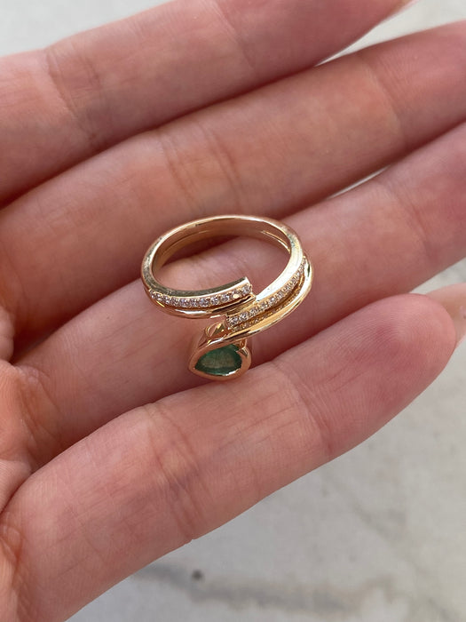 14K Yellow Gold Pear Emerald & Diamond Wrap Ring