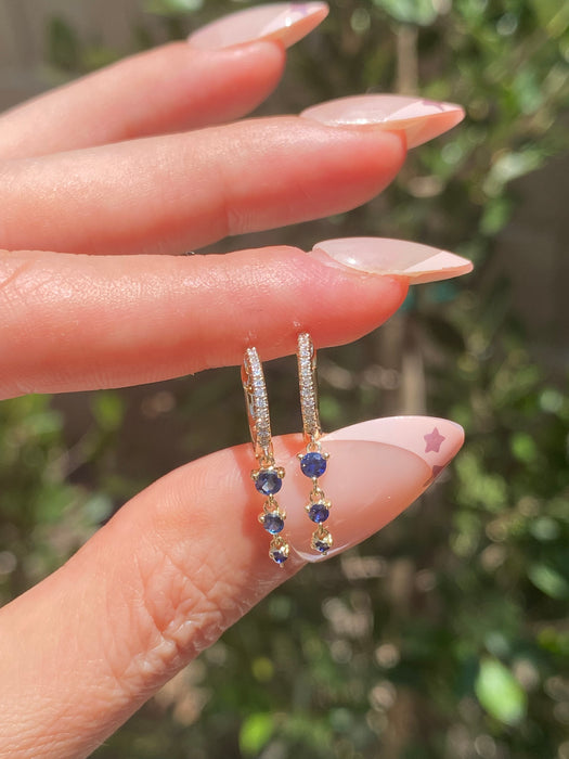 14K Gold Diamond Huggie Earrings with Blue Sapphire Dangle Charms