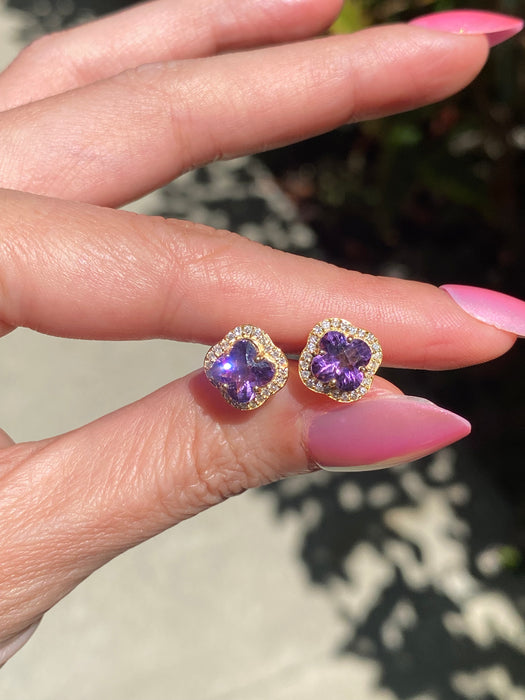 14K Gold Amethyst Clover & Diamond Stud Earrings – 2.11 CTW Amethyst, 0.27 TCW Diamonds