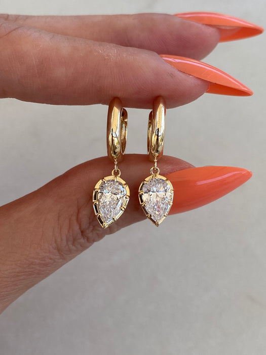 14K Gold Lab Diamond Huggie Earrings with Pear Drop Charms