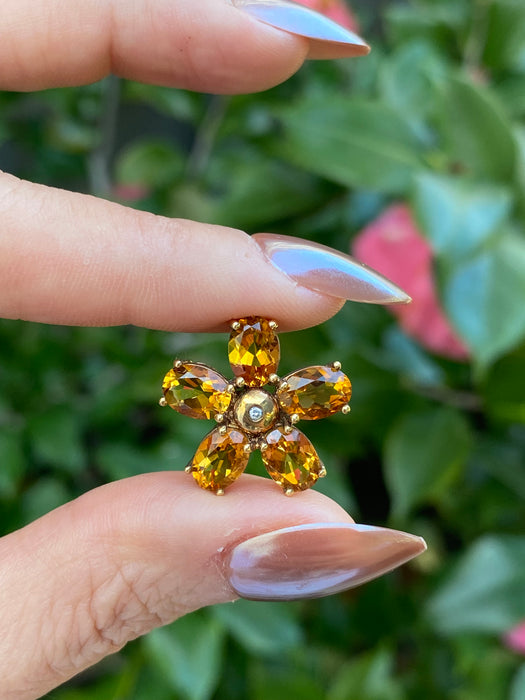 Vintage 14K Gold Citrine Diamond Flower Slider Pendant
