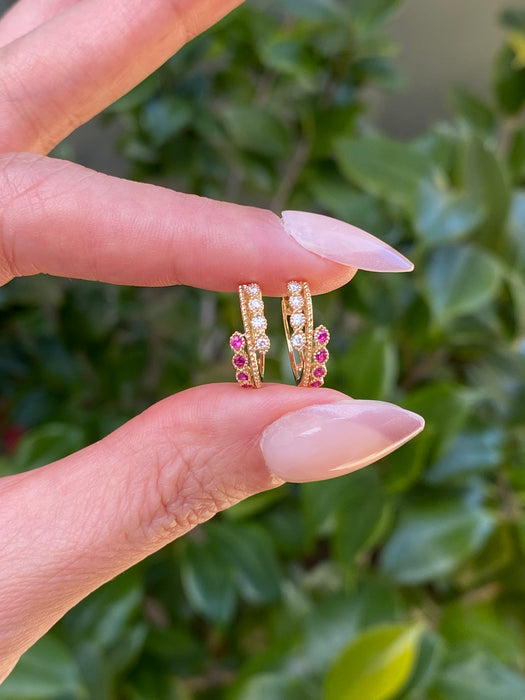 14K Gold Ruby & Diamond Huggie Earrings