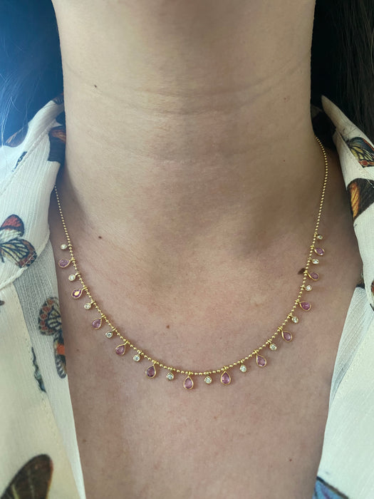 14k bead bezel set pink sapphire diamond necklace