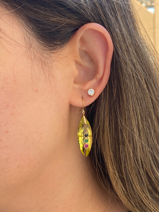 Vintage 18K Carved Lemon Quartz & Gemstone Drop Earrings