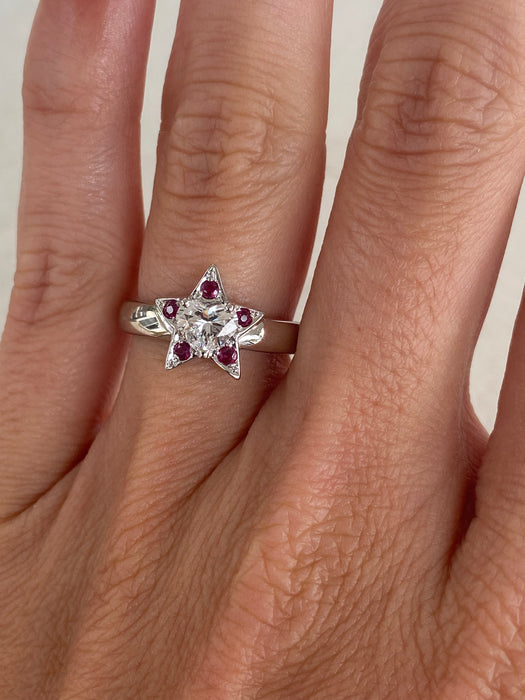 Vintage Platinum 900 Ruby & Heart Diamond Star Ring | 0.62 TCW | Size 4.75